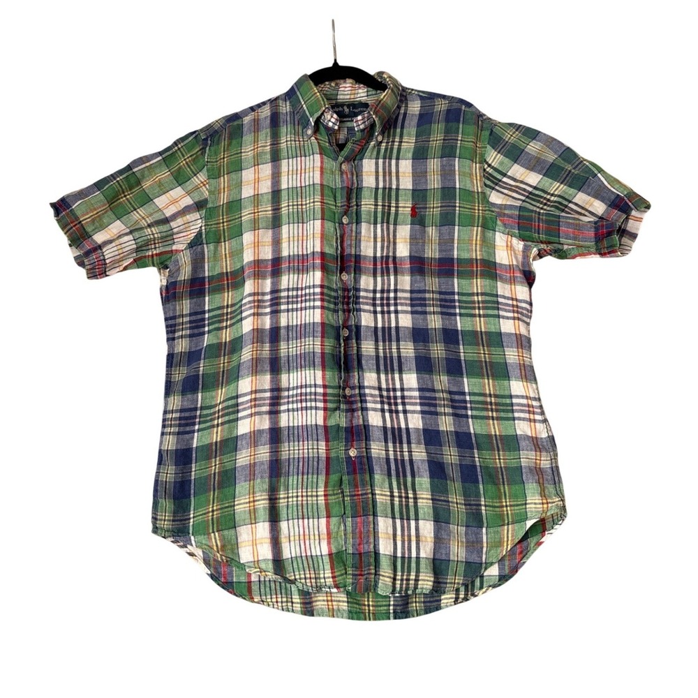 Ralph Lauren Button Down Shirt Men Green Plaid Linen Classic Fit SIZE Medium
